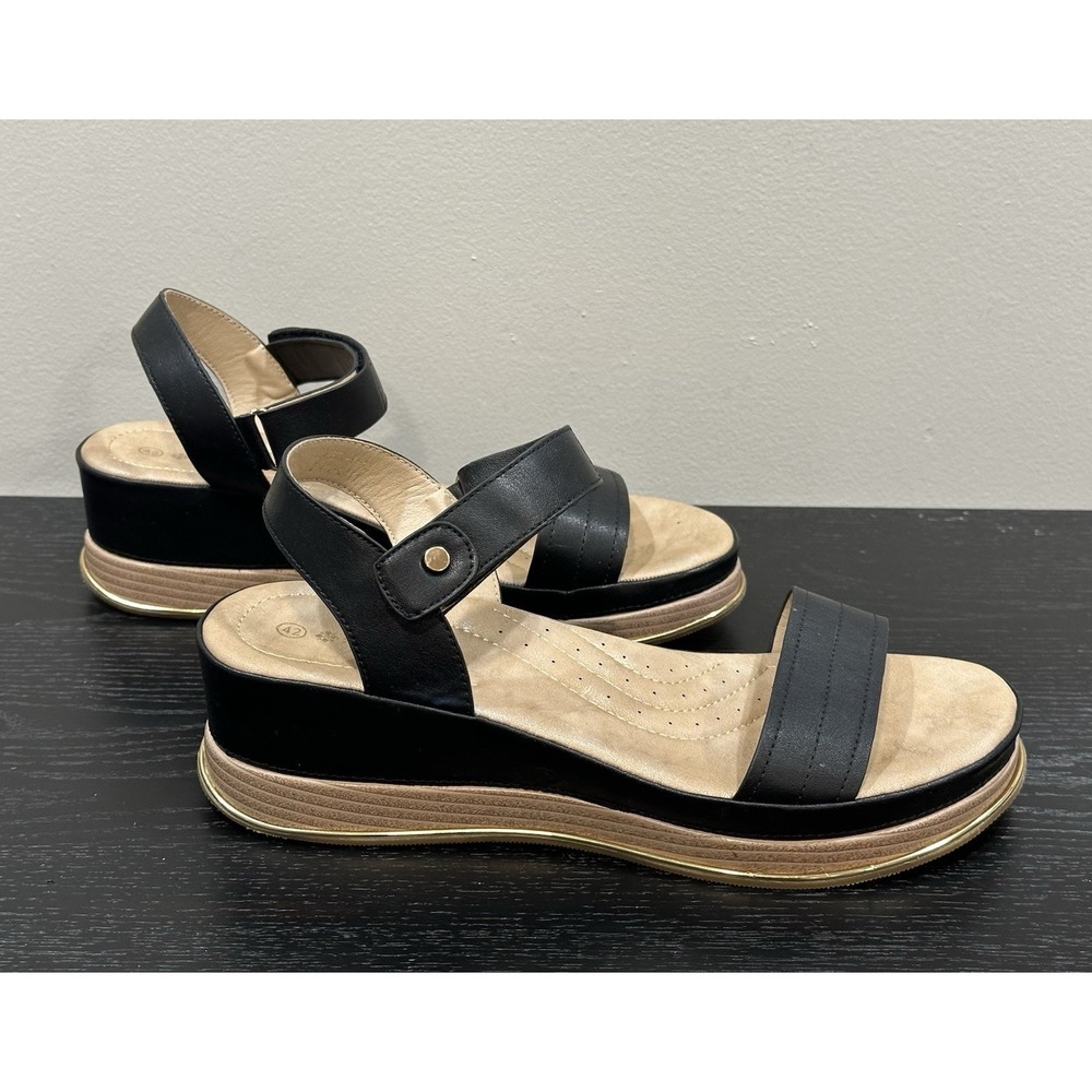 Patrizia Raizel Wedge Woman Sandal Size 10.5 / 42 Gold Hook Loop‎ Strappy Cushy